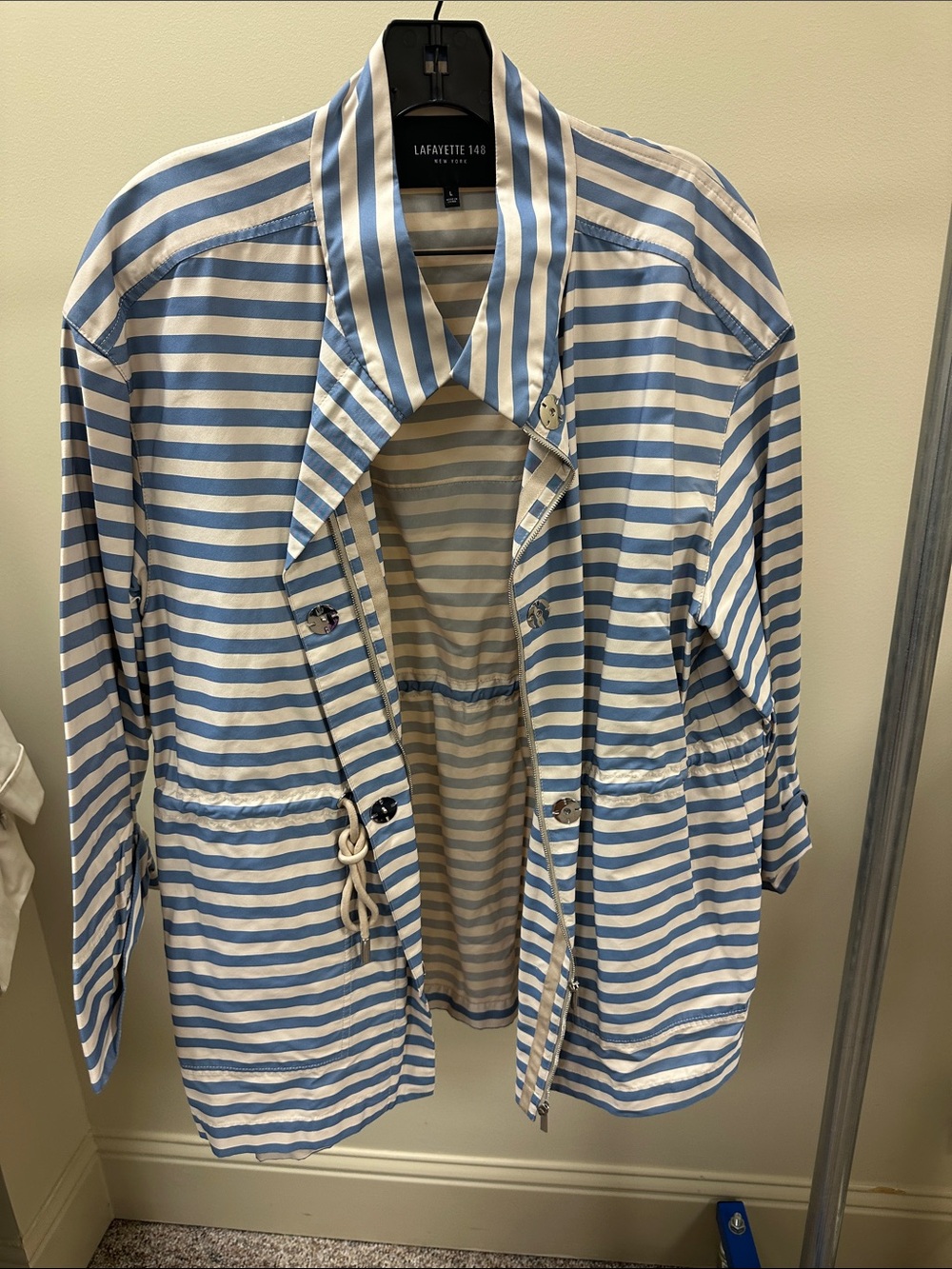 Lafayette 148 New York Light Blue and White Striped Drawstring Jacket